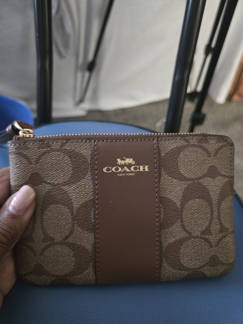 Coach Brown Signature Zip Card Case with Leather Trim